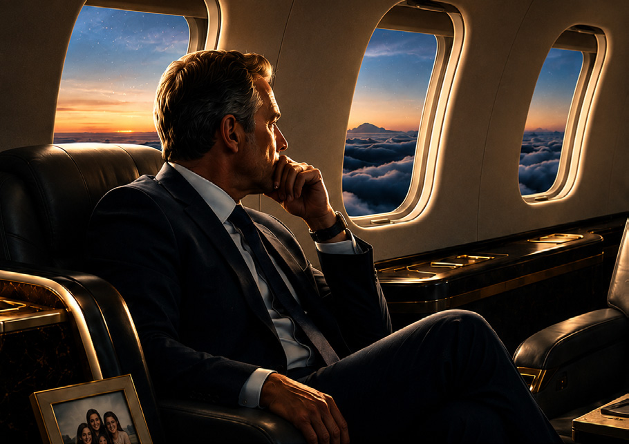 Directivo reflexionando durante un vuelo